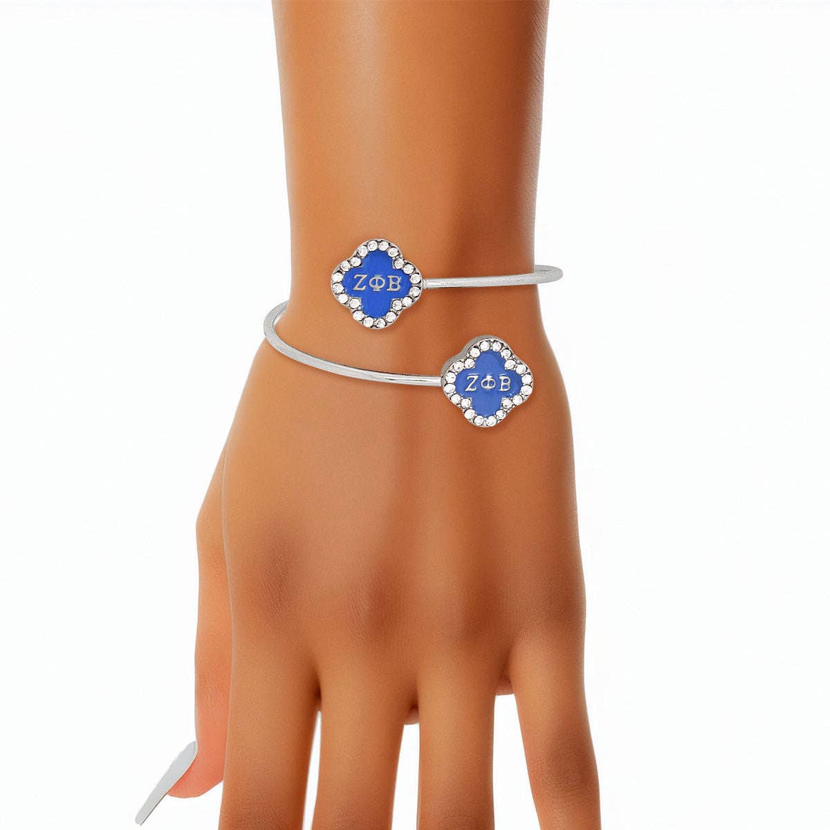 Zeta Rhinestone Blue Clover Open Bangle