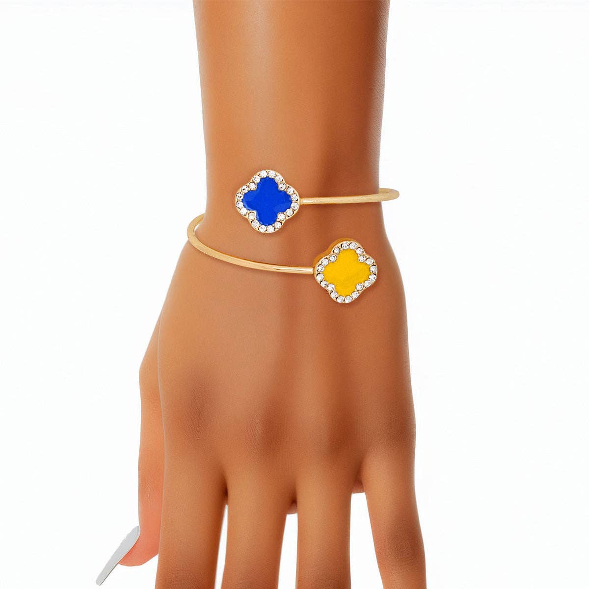 SGRho Blue Gold Stone Clover Open Bangle