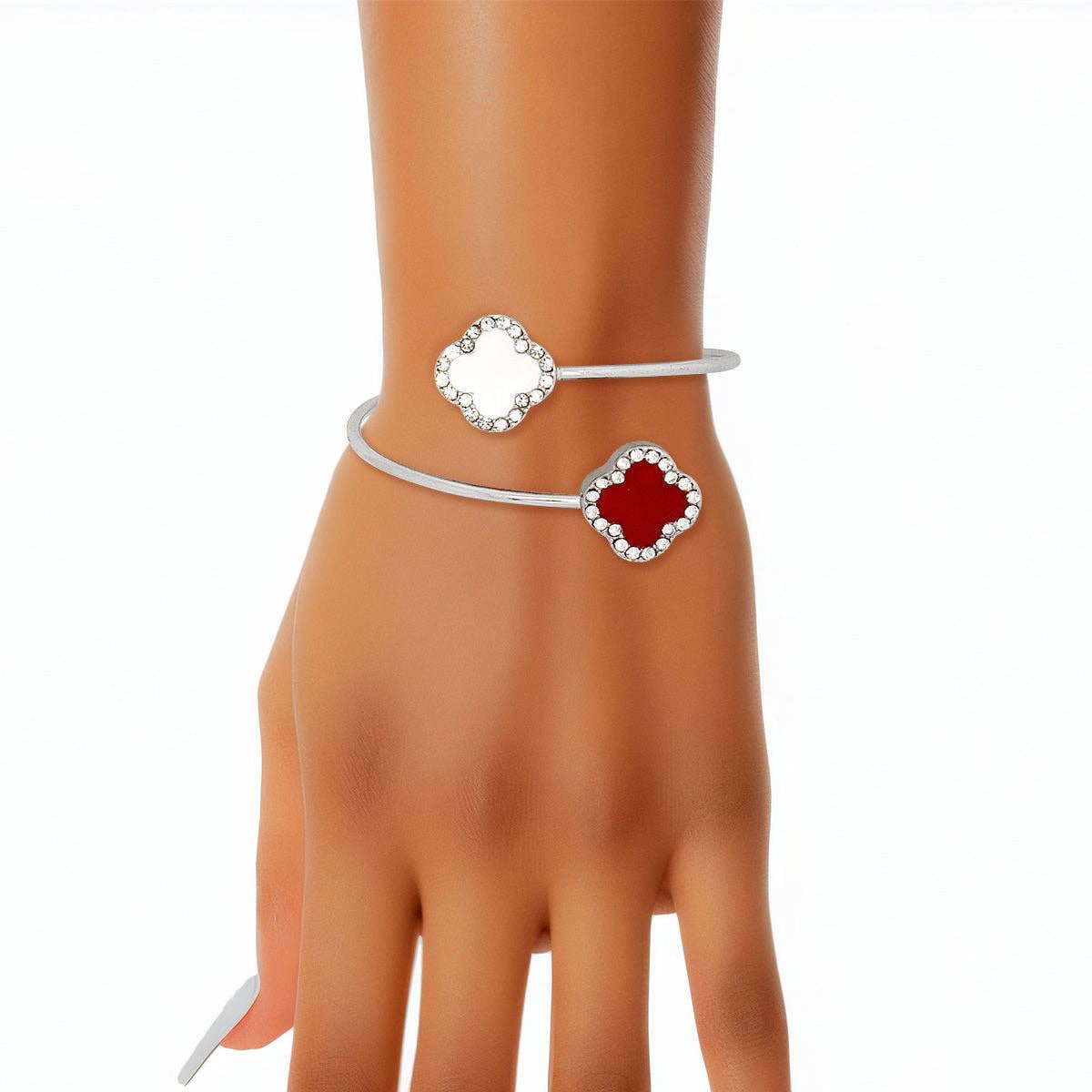 Delta Red White Stone Clover Open Bangle