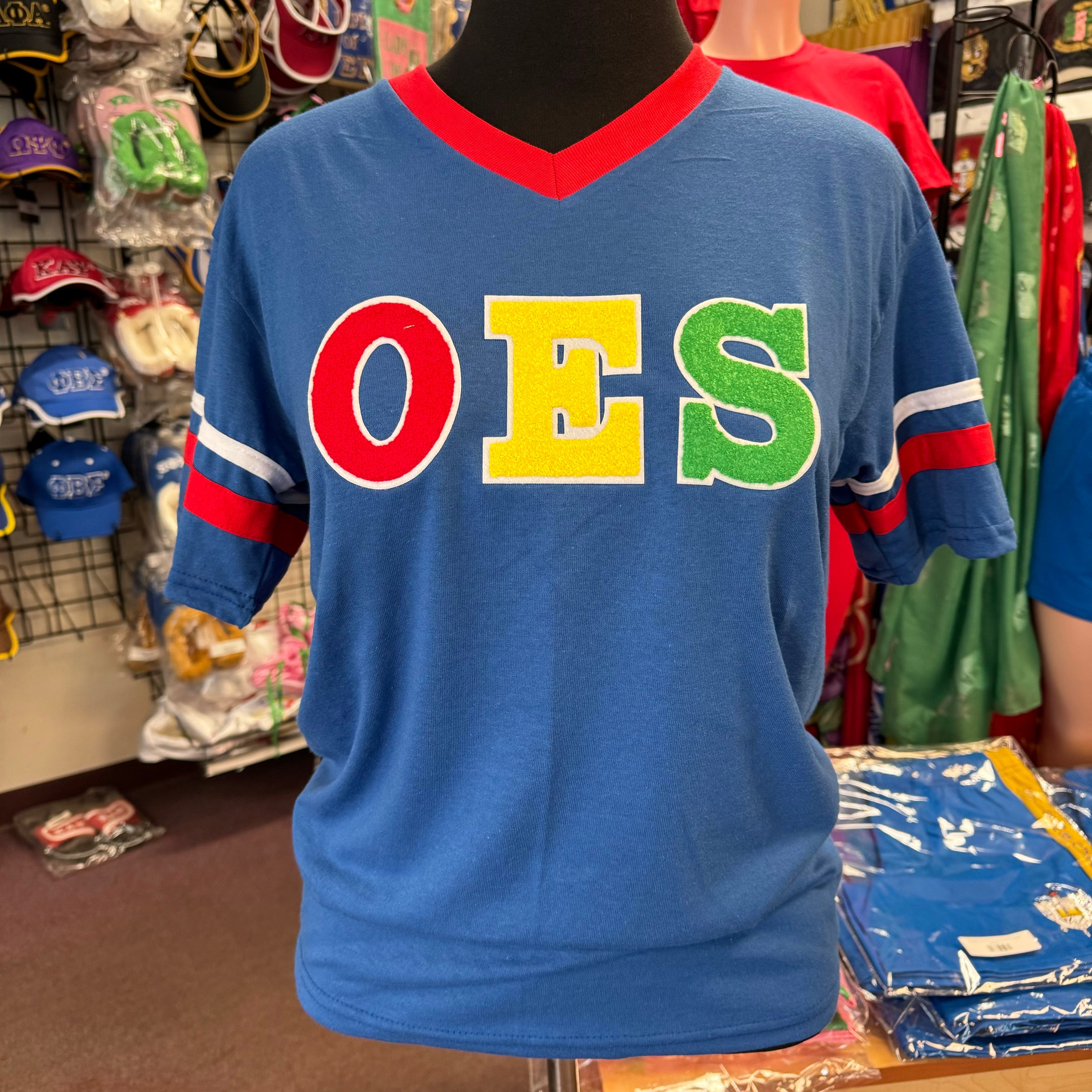 OES Chenille Letters Stripe Sleeves V-neck Tee