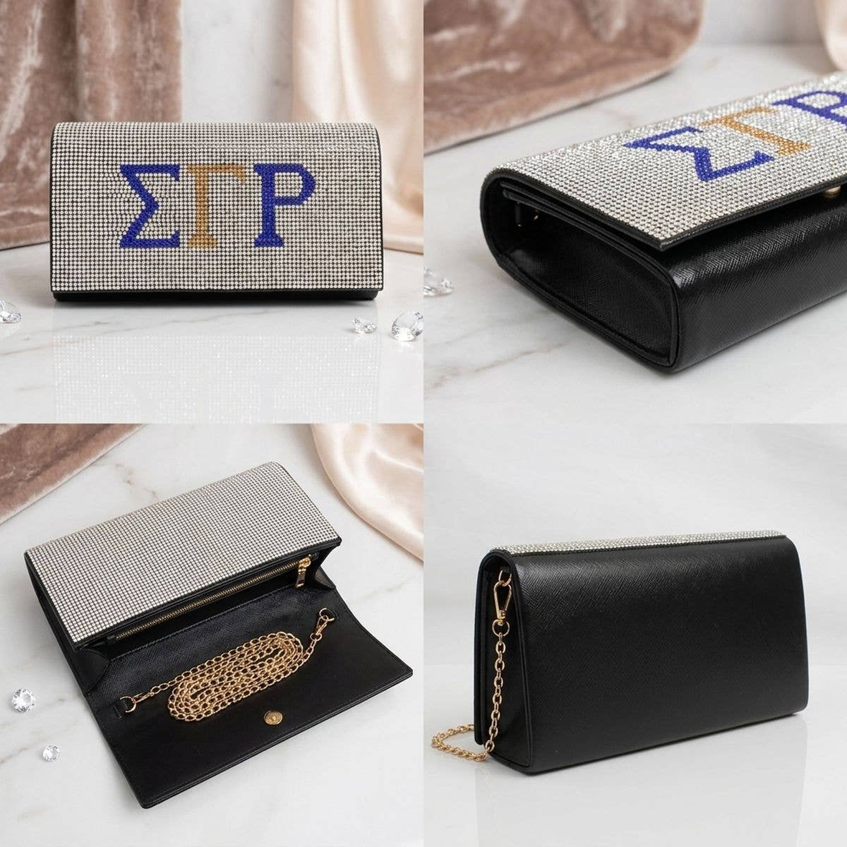 SGRho Rhinestone Flap Snap Clutch Bag
