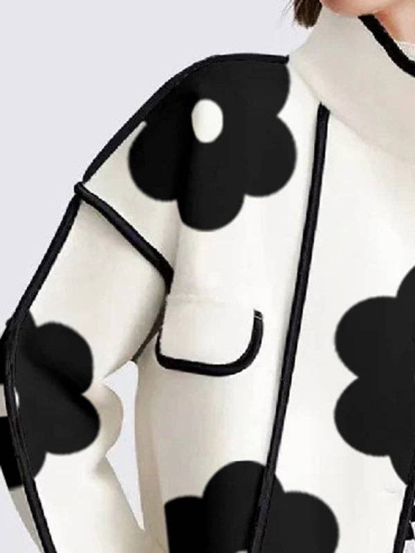 Flower Print Long Sleeves Loose Coat B/W