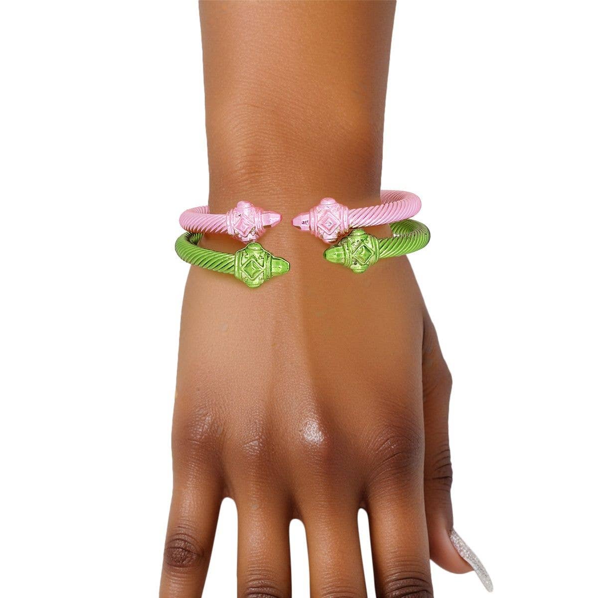 AKA Inspired Pink Green Pointed Cable Bangle Set
