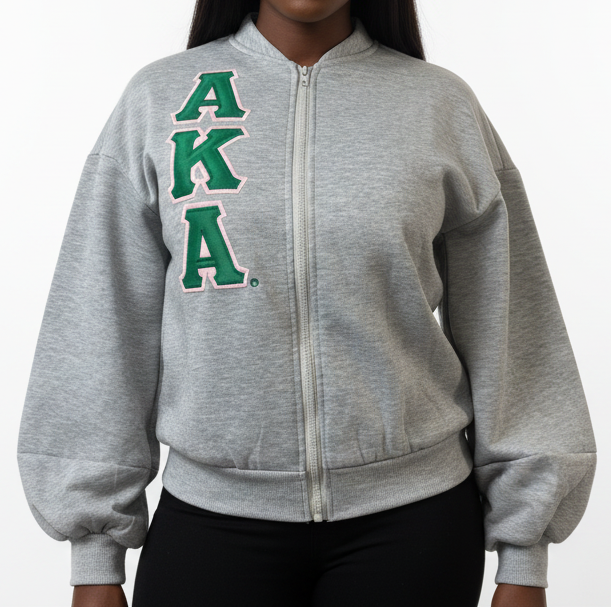 AKA Puff Sleeves Grey Zip Sweatshirt