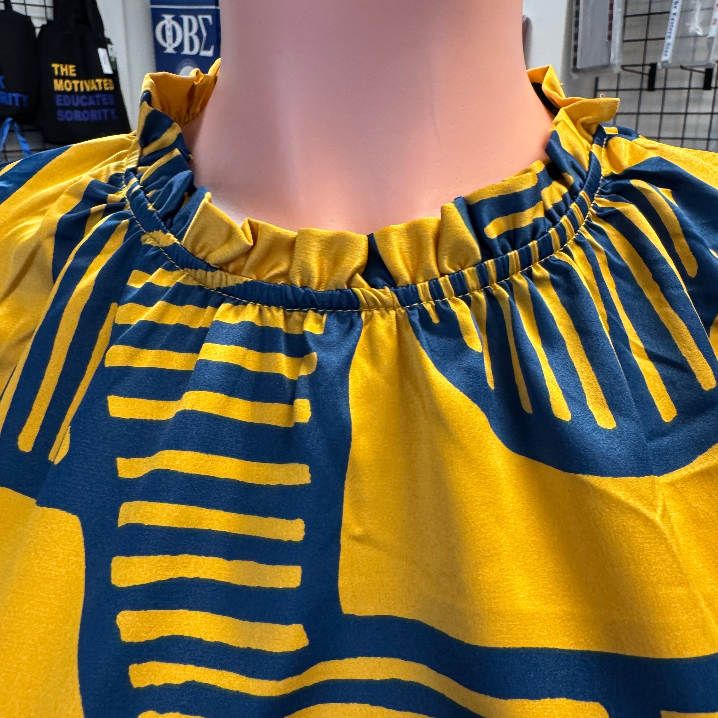 Gold and Blue Printed Ruffled Sleeves Blouse