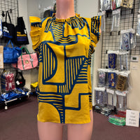 Gold and Blue Printed Ruffled Sleeves Blouse