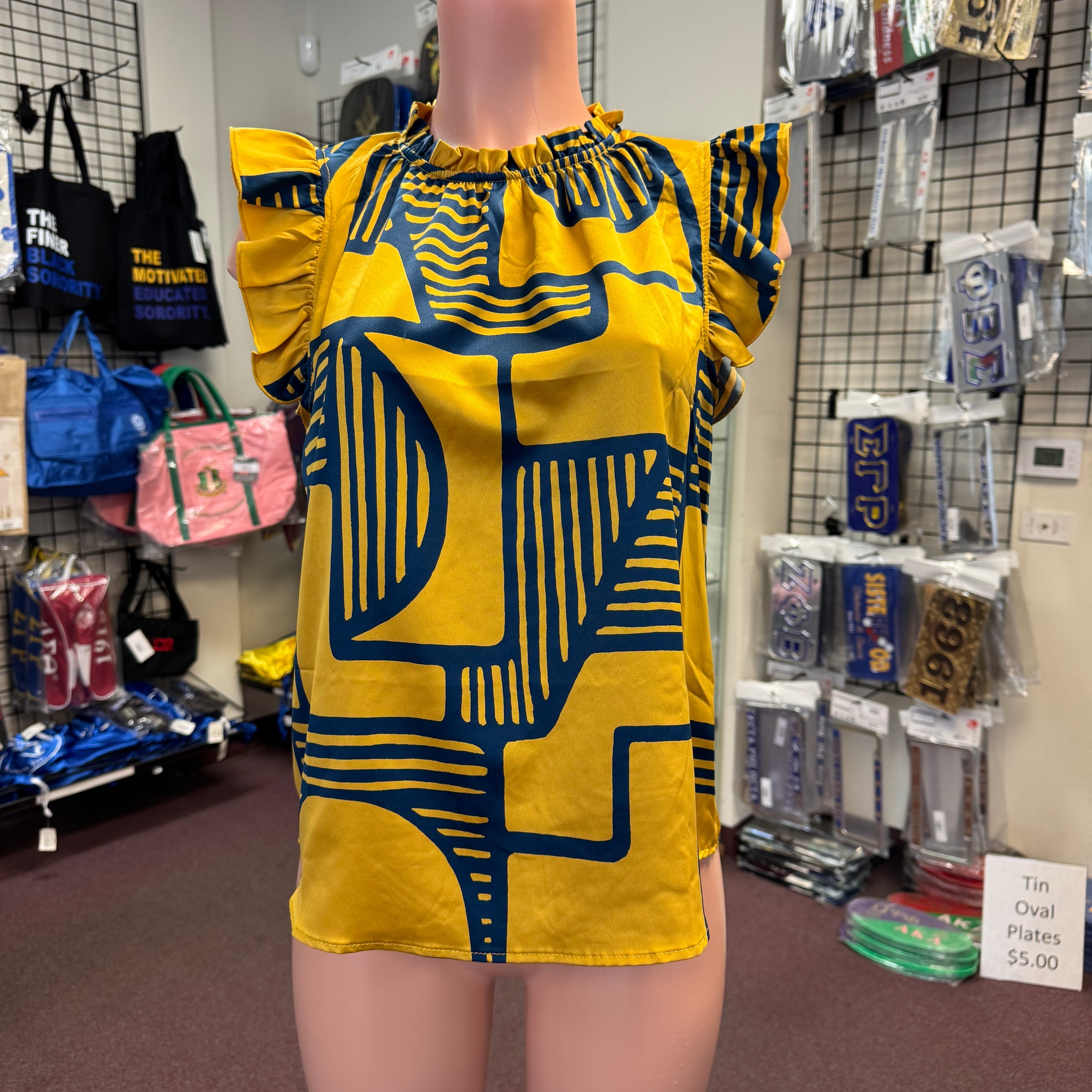 Gold and Blue Printed Ruffled Sleeves Blouse