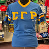 SGRho Chenille Letters Stripe Sleeves V-neck Tee