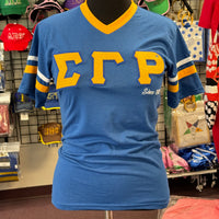 SGRho Chenille Letters Stripe Sleeves V-neck Tee