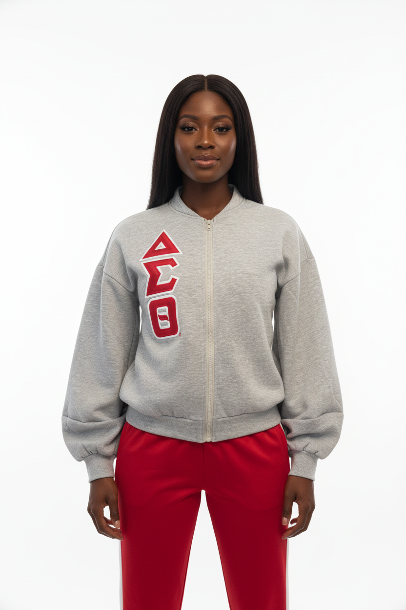 Delta Puff Sleeves Grey Zip Sweatshirt