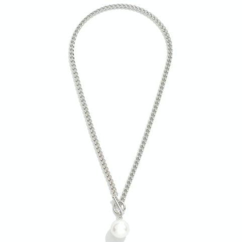 A Chain Link Necklace Featuring Toggle Clasp & Pearl Pendant