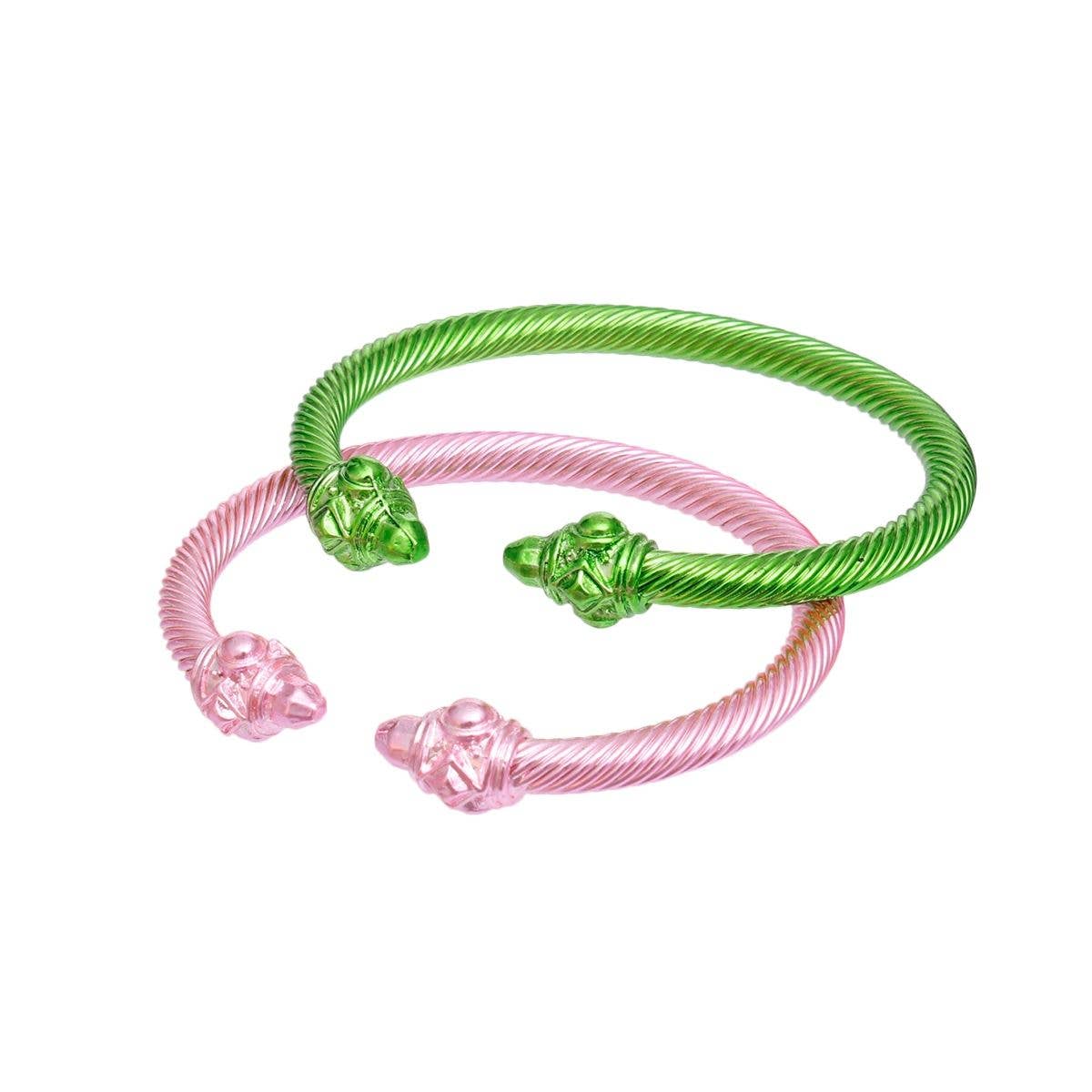AKA Inspired Pink Green Pointed Cable Bangle Set