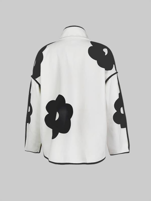 Flower Print Long Sleeves Loose Coat B/W